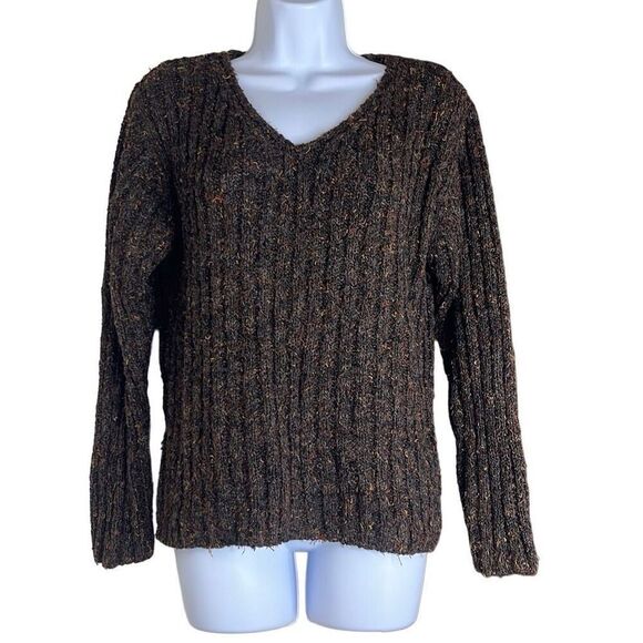 Vintage Alps Brown Marled V Neck Pullover Sweater Cableknit Long Sleeves Medium - Picture 1 of 8